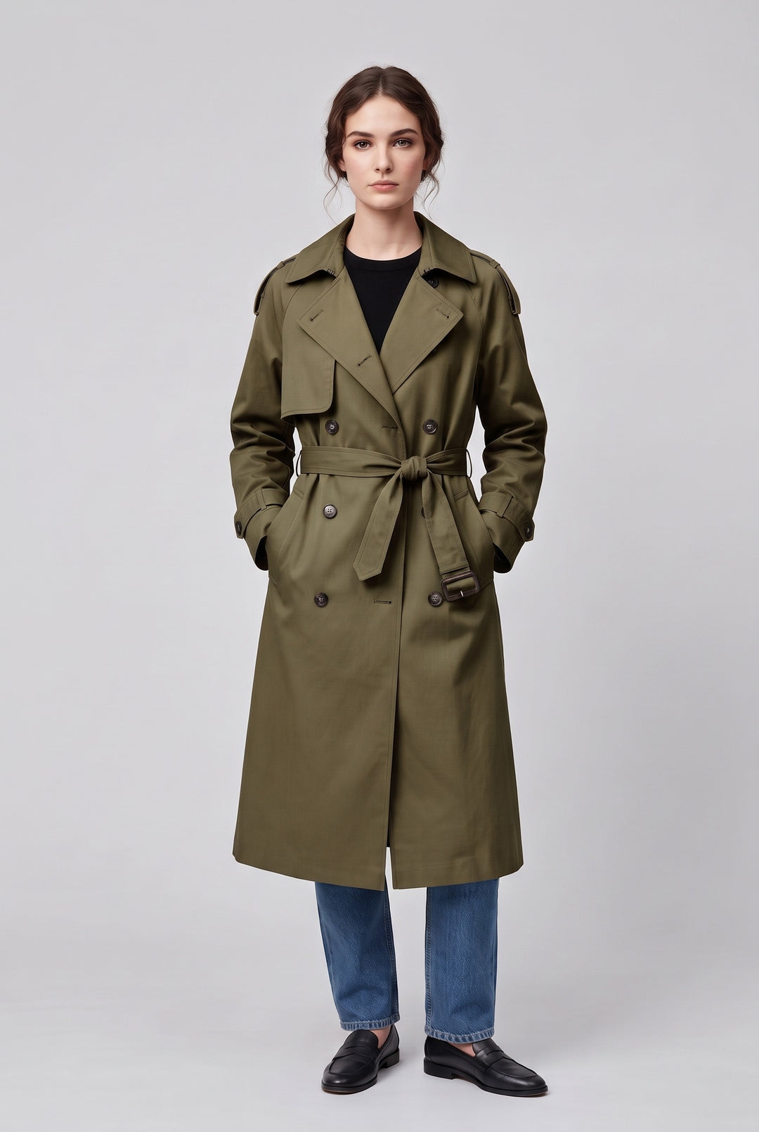 Woman wearing the MEREDITH long double-breasted belted trench coat in olive green, front view