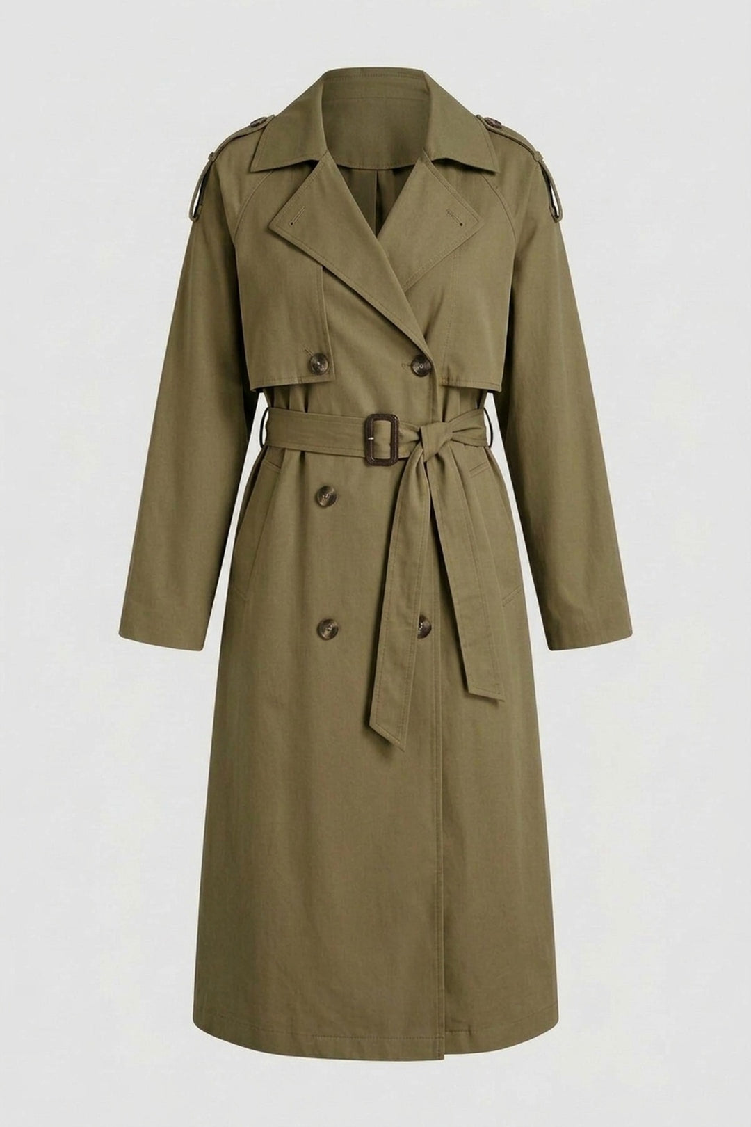 MEREDITH long belted trench coat in green, product shot