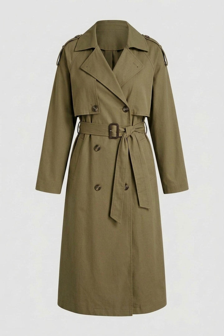 MEREDITH long belted trench coat in green, product shot