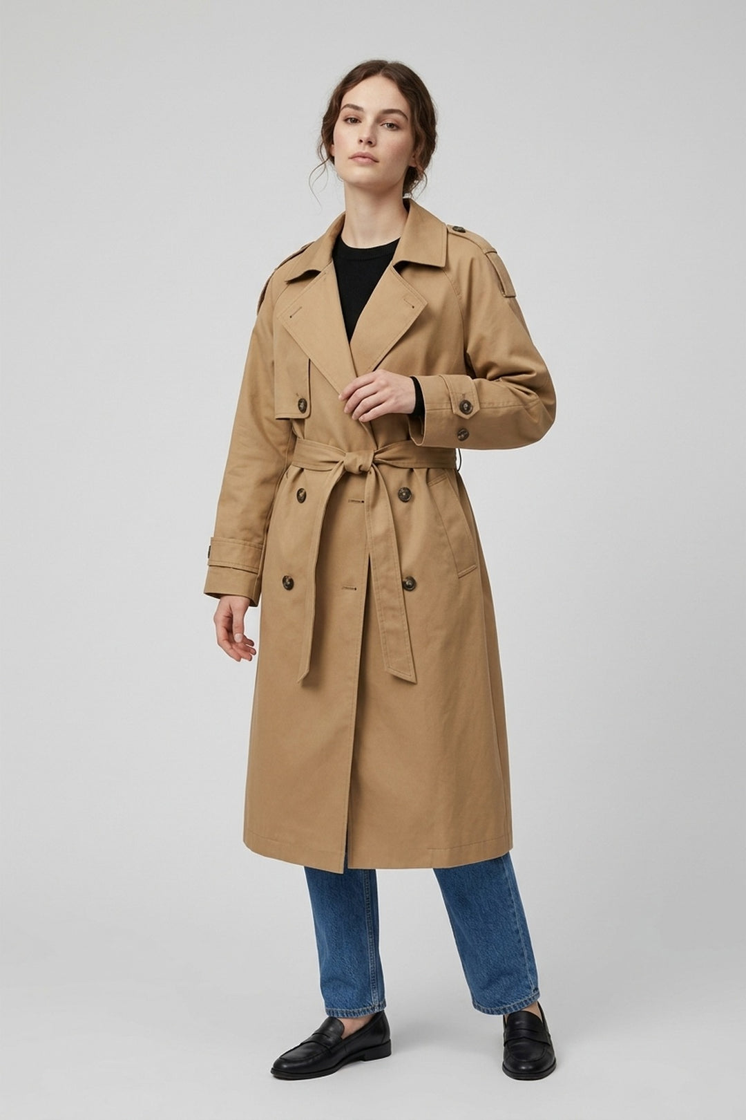 MEREDITH khaki trench coat, three-quarter view with the belt tied at the waist