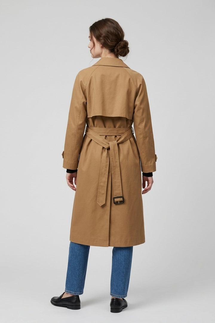 MEREDITH khaki trench coat, back view showing the storm yoke and back belt