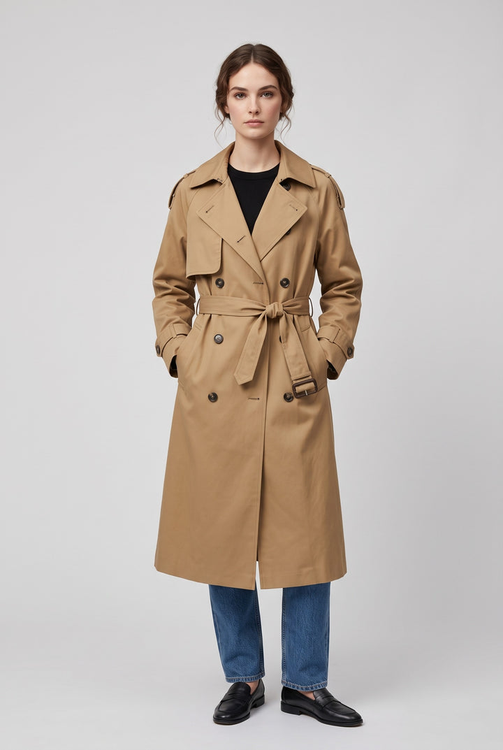 Woman wearing the MEREDITH long double-breasted belted trench coat in khaki, front view