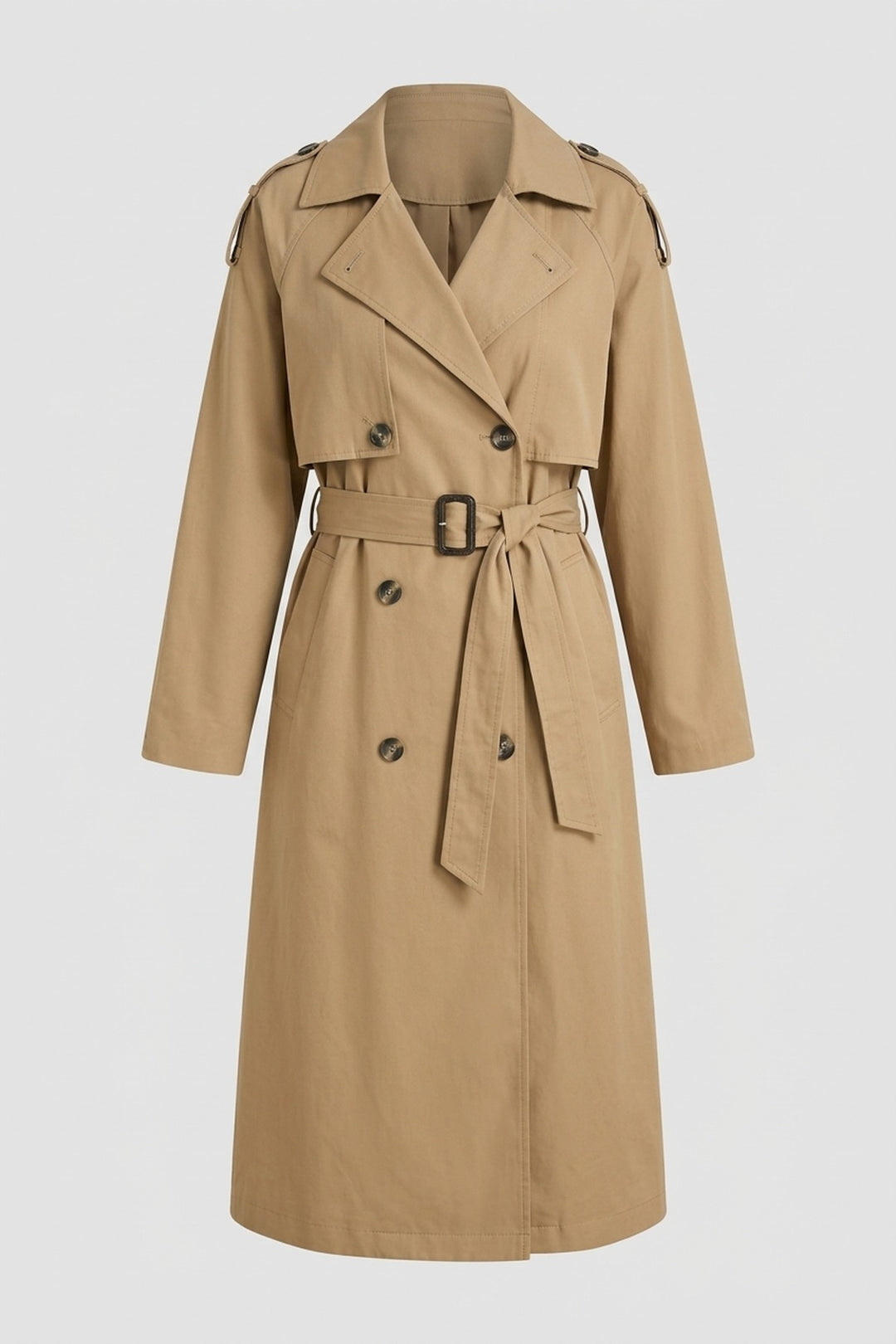 MEREDITH long belted trench coat in khaki, product shot