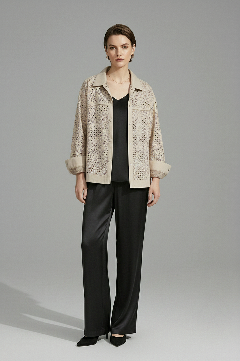 MICHELE - Beige Cropped Perforated Suede Leather Jacket - minimal model shot