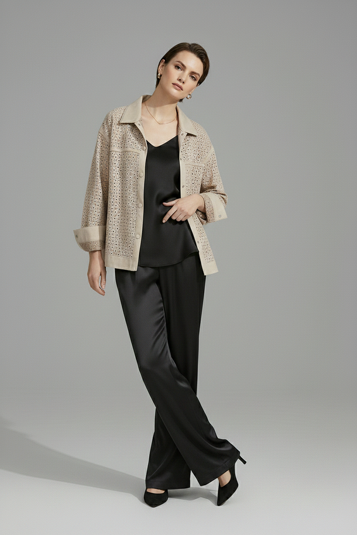MICHELE - Beige Cropped Perforated Suede Leather Jacket - relaxed posture shot