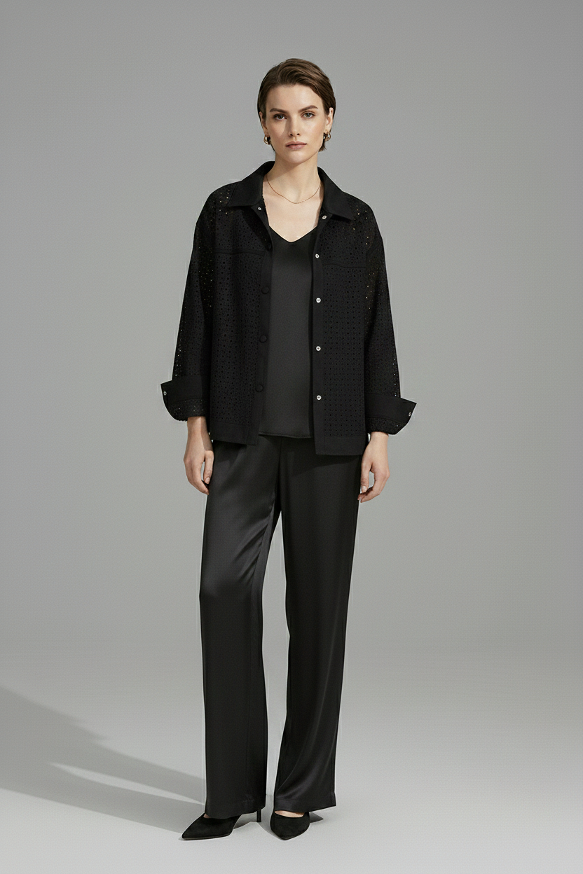 MICHELE - Black Cropped Perforated Suede Leather Jacket - minimal model shot
