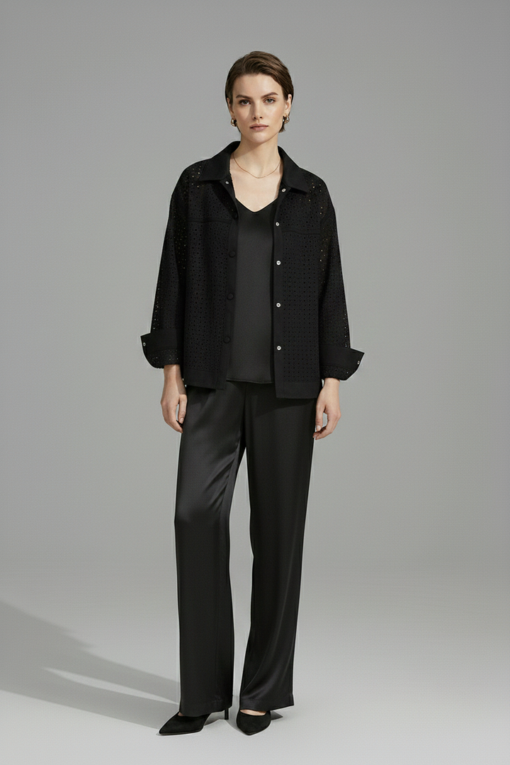 MICHELE - Black Cropped Perforated Suede Leather Jacket - minimal model shot