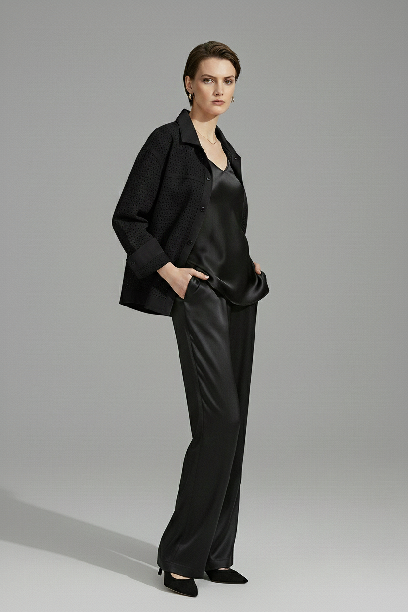 MICHELE - Black Cropped Perforated Suede Leather Jacket - side view