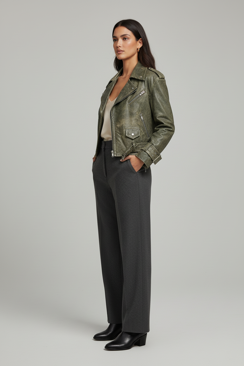 MILLER - Retro Sheepskin - distressed olive leather biker, side profile view