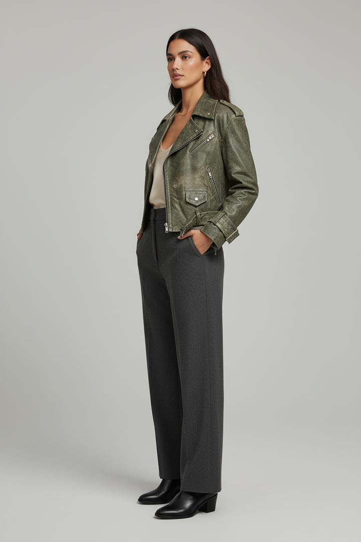 MILLER - Retro Sheepskin - distressed olive leather biker, side profile view