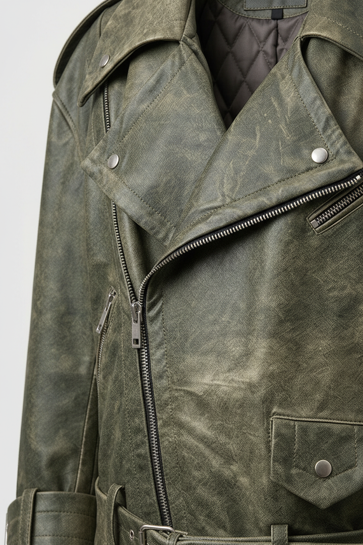 MILLER - Retro Sheepskin - Distressed olive green biker jacket Side Profile View