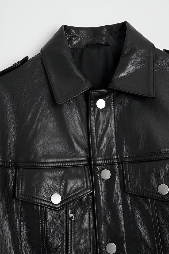 collar detail MORGAN women cow leather motorcycle jacket premium black leather texture