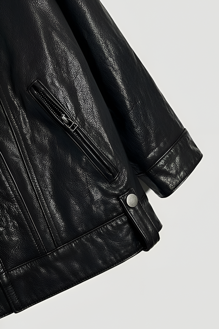 detail of MORGAN women cow leather motorcycle jacket zipper pocket genuine cow leather
