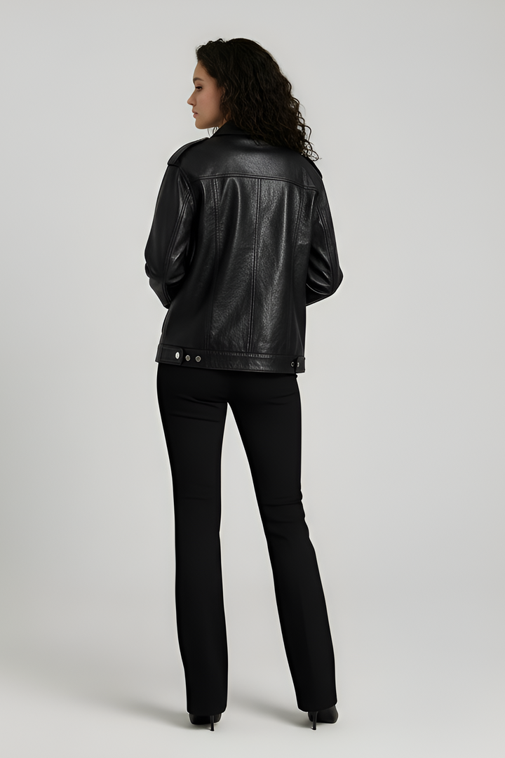 back view MORGAN women cow leather motorcycle jacket black genuine cow leather jacket women