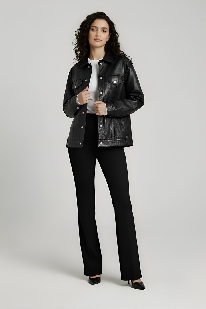 woman wearing MORGAN women cow leather motorcycle jacket front full body black genuine cow leather jacket