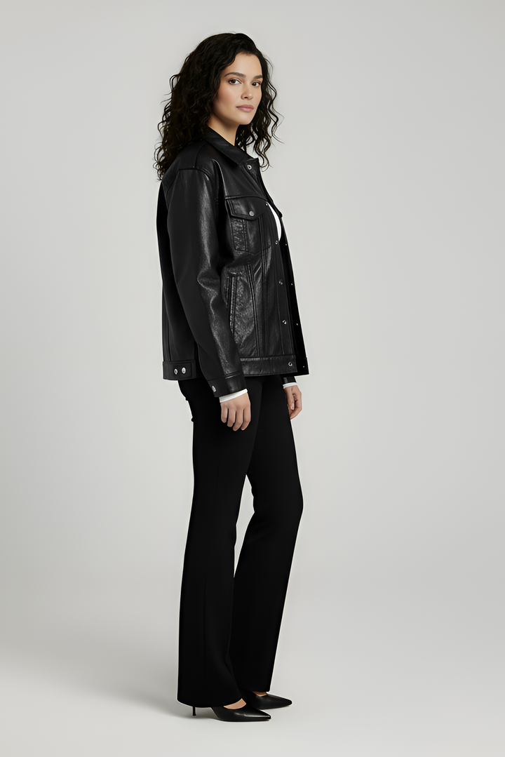 side profile MORGAN women cow leather motorcycle jacket elegant black cow leather jacket women
