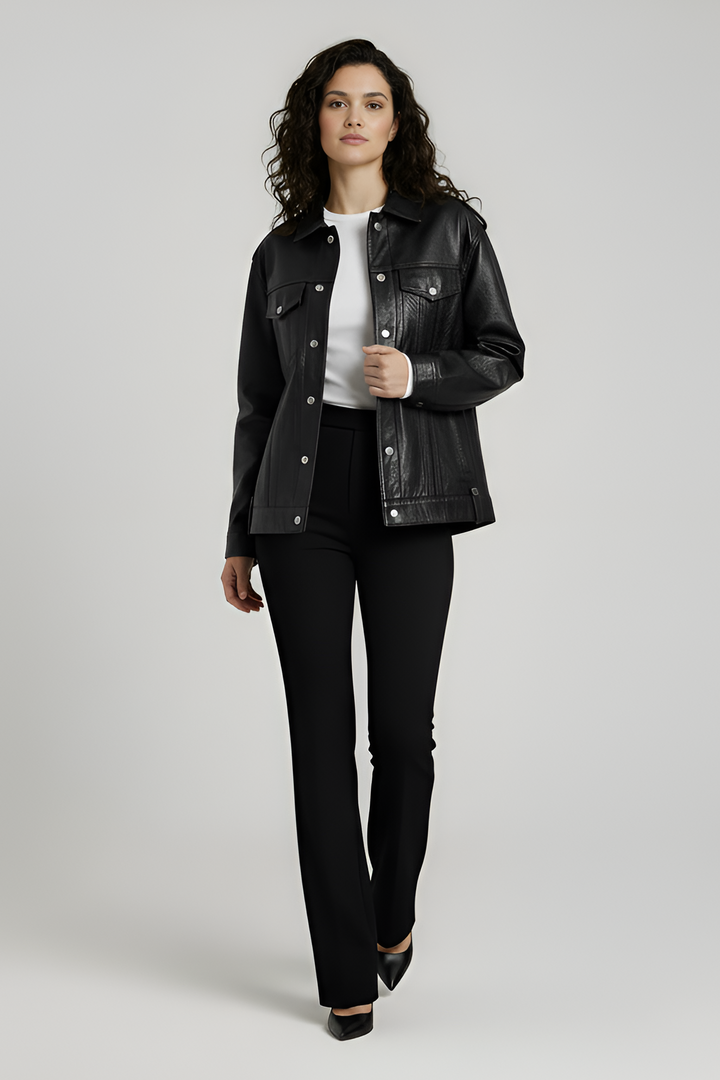 model walking wearing MORGAN women cow leather motorcycle jacket premium black cow leather jacket women
