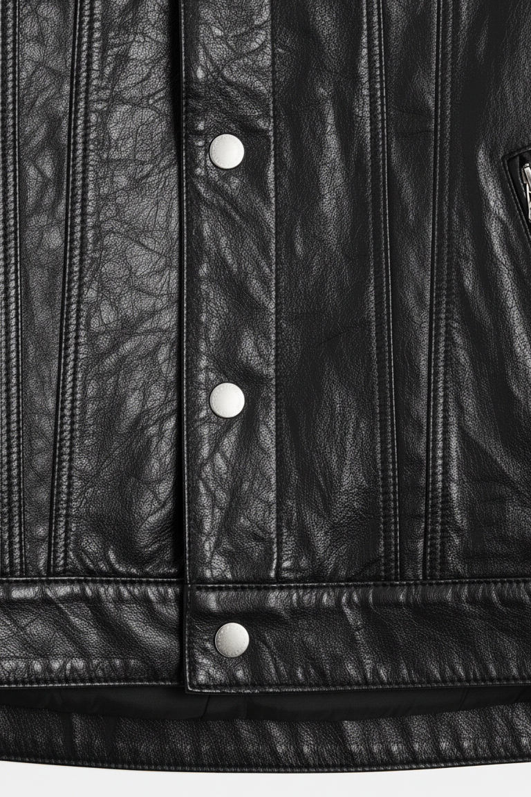 woman wearing MORGAN women cow leather motorcycle jacket bottom body front view black cow leather jacket