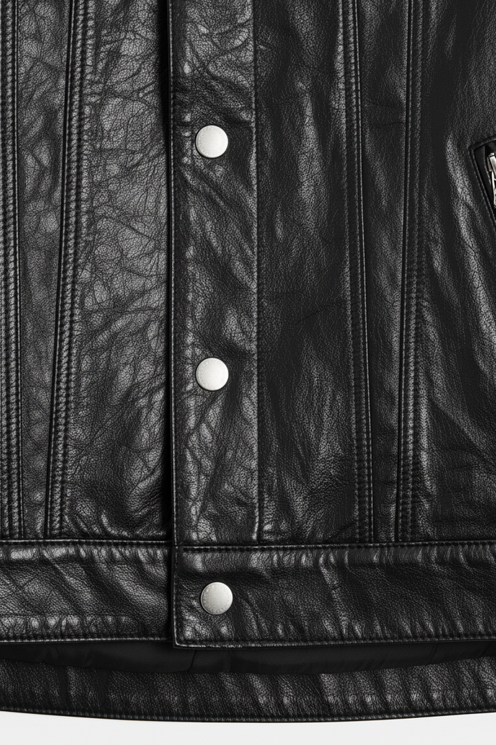 woman wearing MORGAN women cow leather motorcycle jacket bottom body front view black cow leather jacket