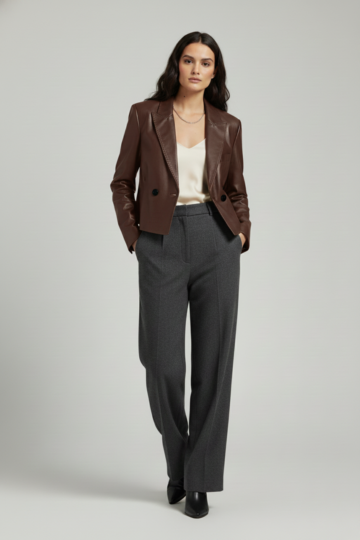 MORLEY - Short Leather Suit - black buttons, premium leather, studio walking shot