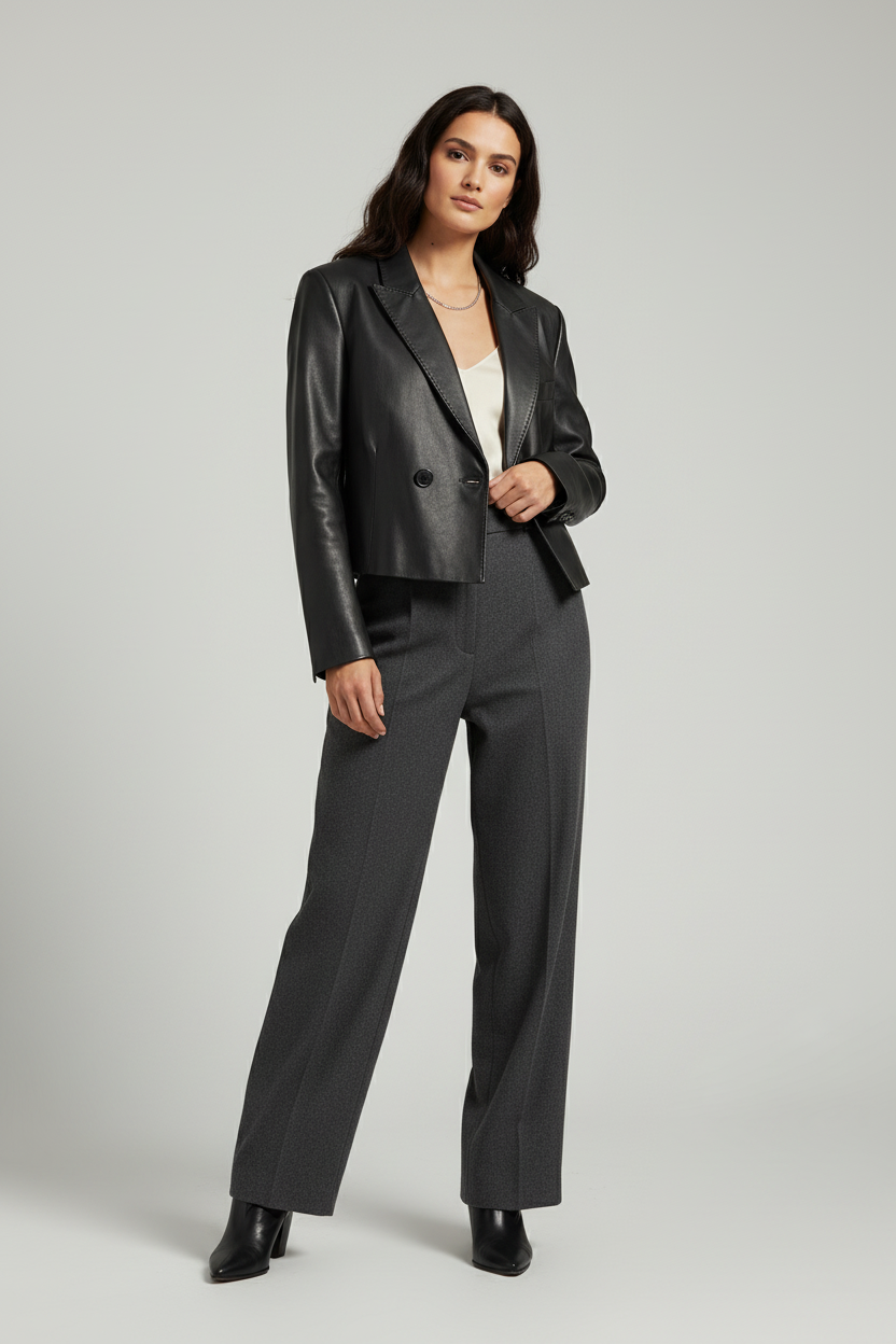 MORLEY - Short Leather Suit - black leather cropped double-breasted, relaxed pose