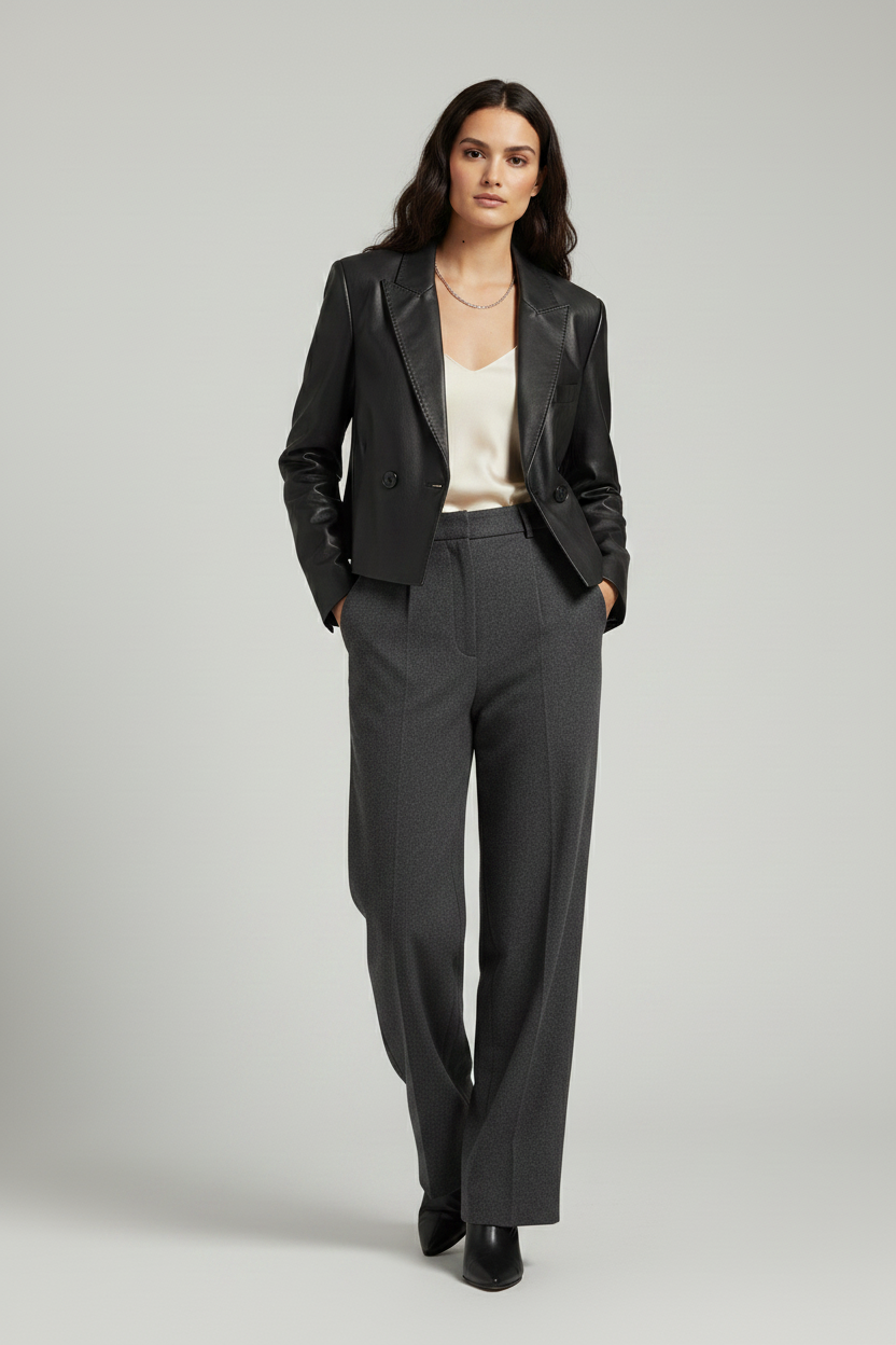 MORLEY - Short Leather Suit - black leather, double-breasted, walking shot