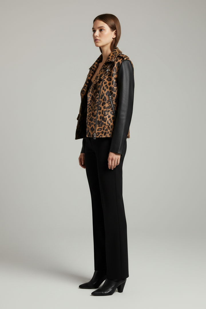 NATHALIE - CROPPED LEOPAR - faux fur, biker, black leather side profile view