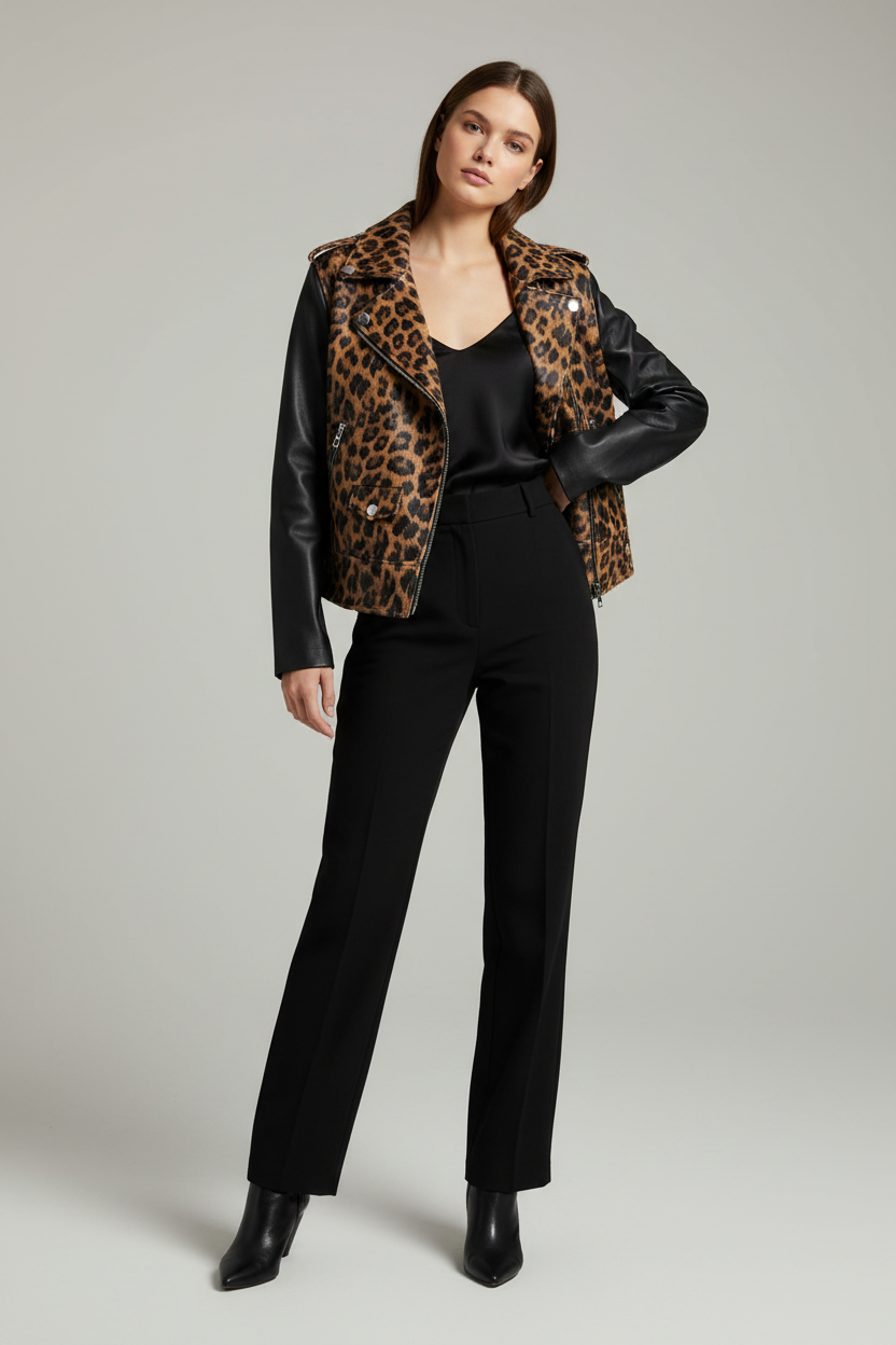 NATHALIE - CROPPED LEOPAR - faux fur biker jacket