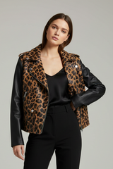 NATHALIE - Cropped Leopard Sheepskin Leather Jacket with Zippers