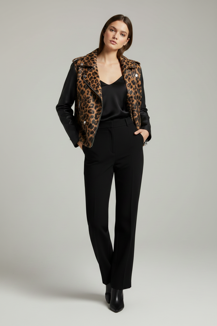 NATHALIE - CROPPED LEOPAR - leopard print, faux fur, biker jacket, walking shot