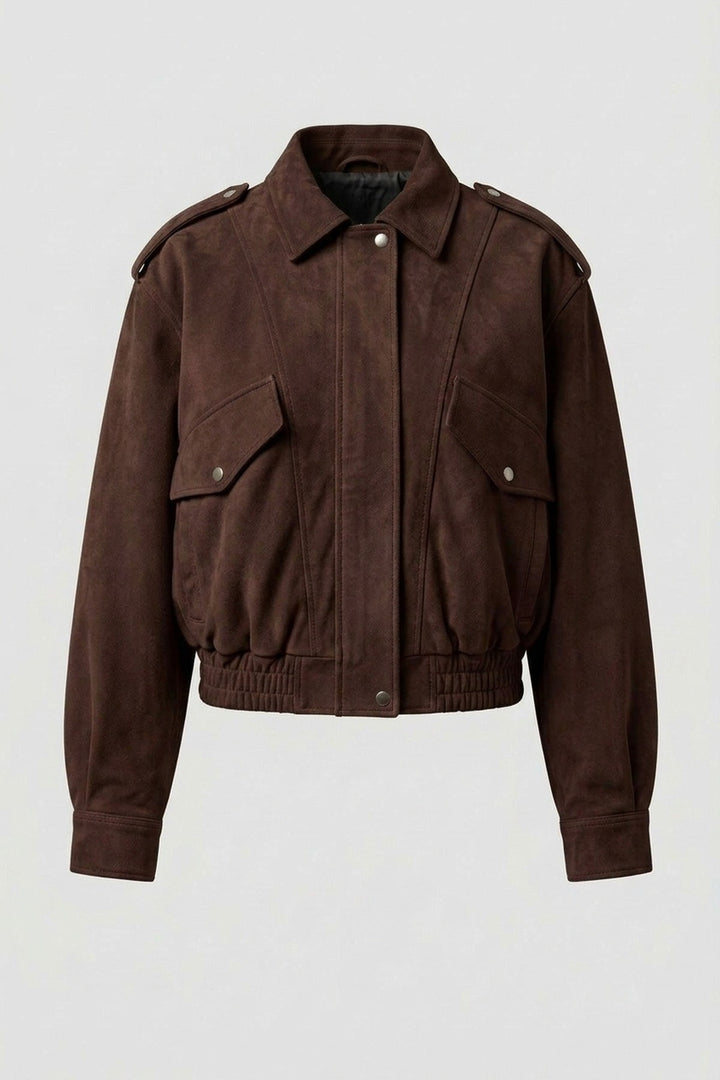 ODETTE oversized suede bomber jacket in brown, product shot