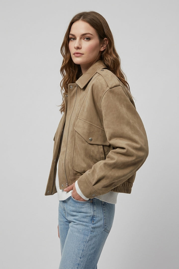 ODETTE oversized suede bomber jacket in khaki, three-quarter view showing the shirt collar and chest pocket
