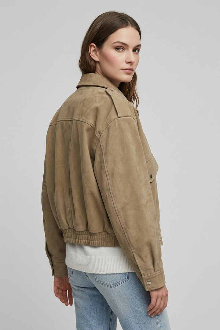 ODETTE oversized suede bomber jacket in khaki, back view with the elasticated hem