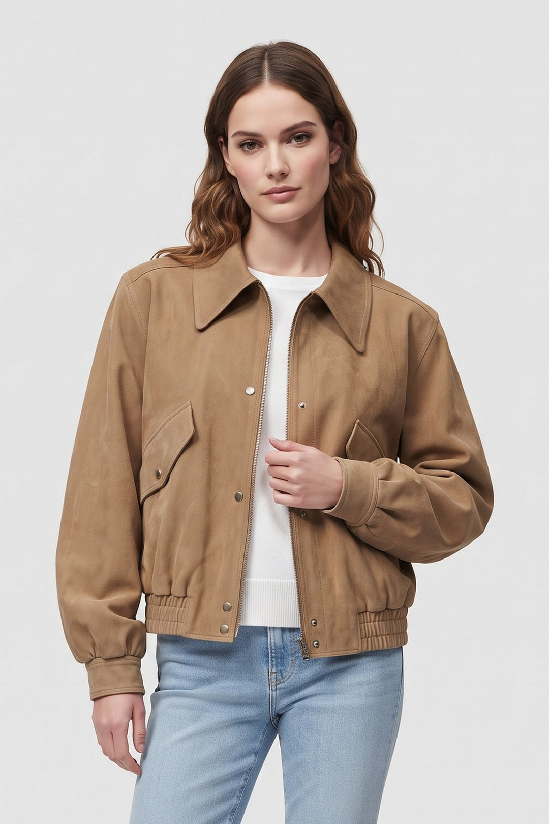 Woman wearing the ODETTE oversized faux suede bomber jacket in khaki, front view