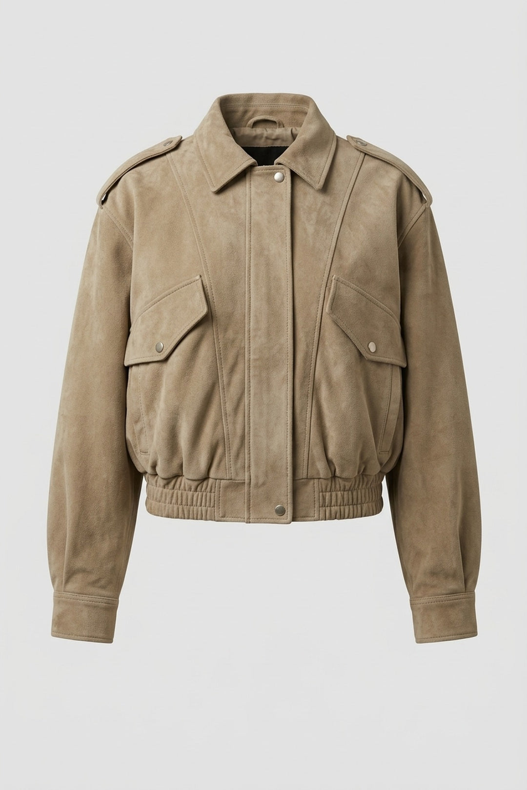 ODETTE oversized suede bomber jacket in khaki, product shot