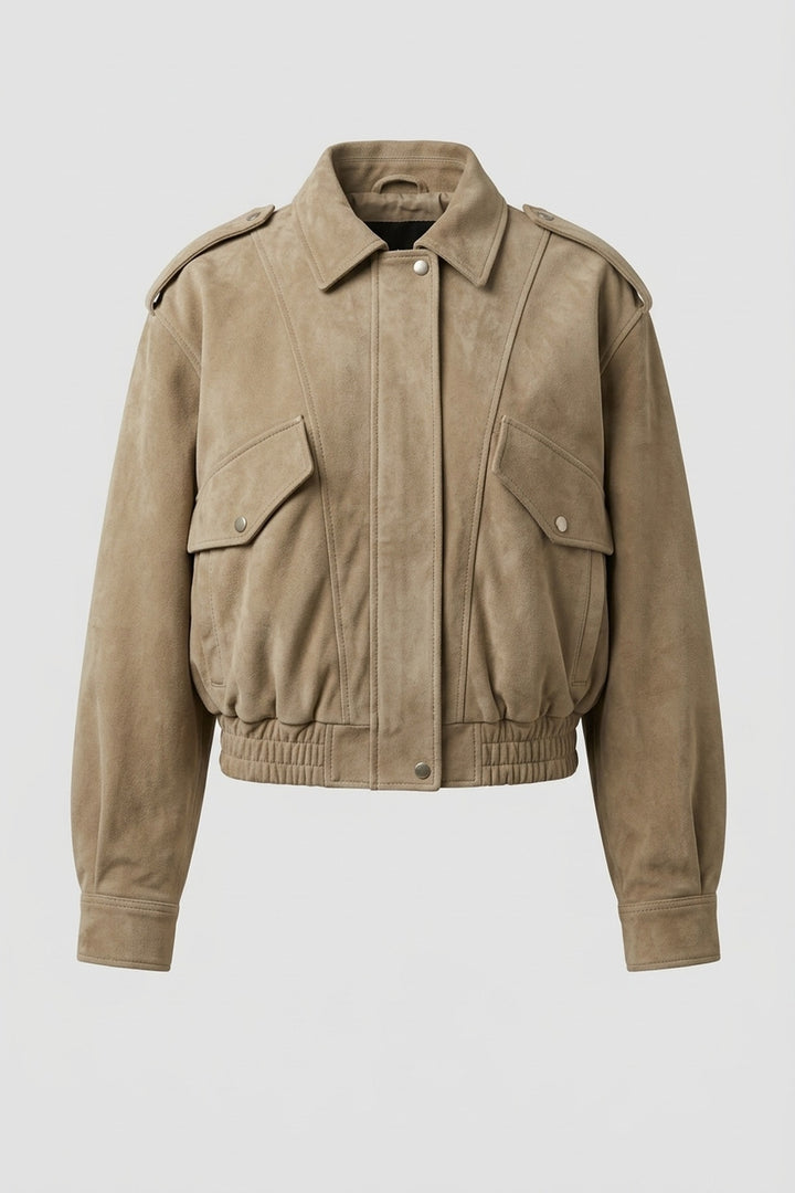 ODETTE oversized suede bomber jacket in khaki, product shot