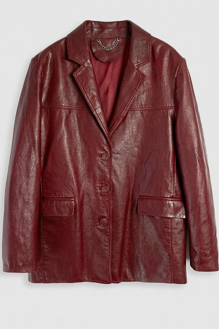 ELLIOTT - Luxury Waxed Sheepskin burgundy leather blazer with button closure