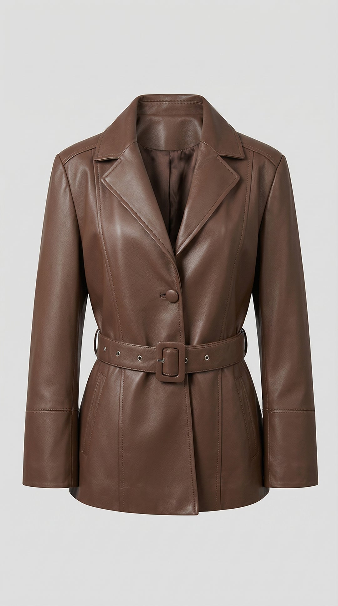 COLLINS - Brown belted leather jacket, front view, Rule Strict: Generete in english