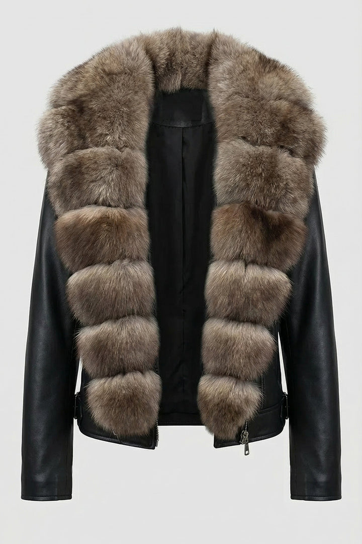 DELTA - Black Leather Motorcycle Jacket with Natural Fur Trim