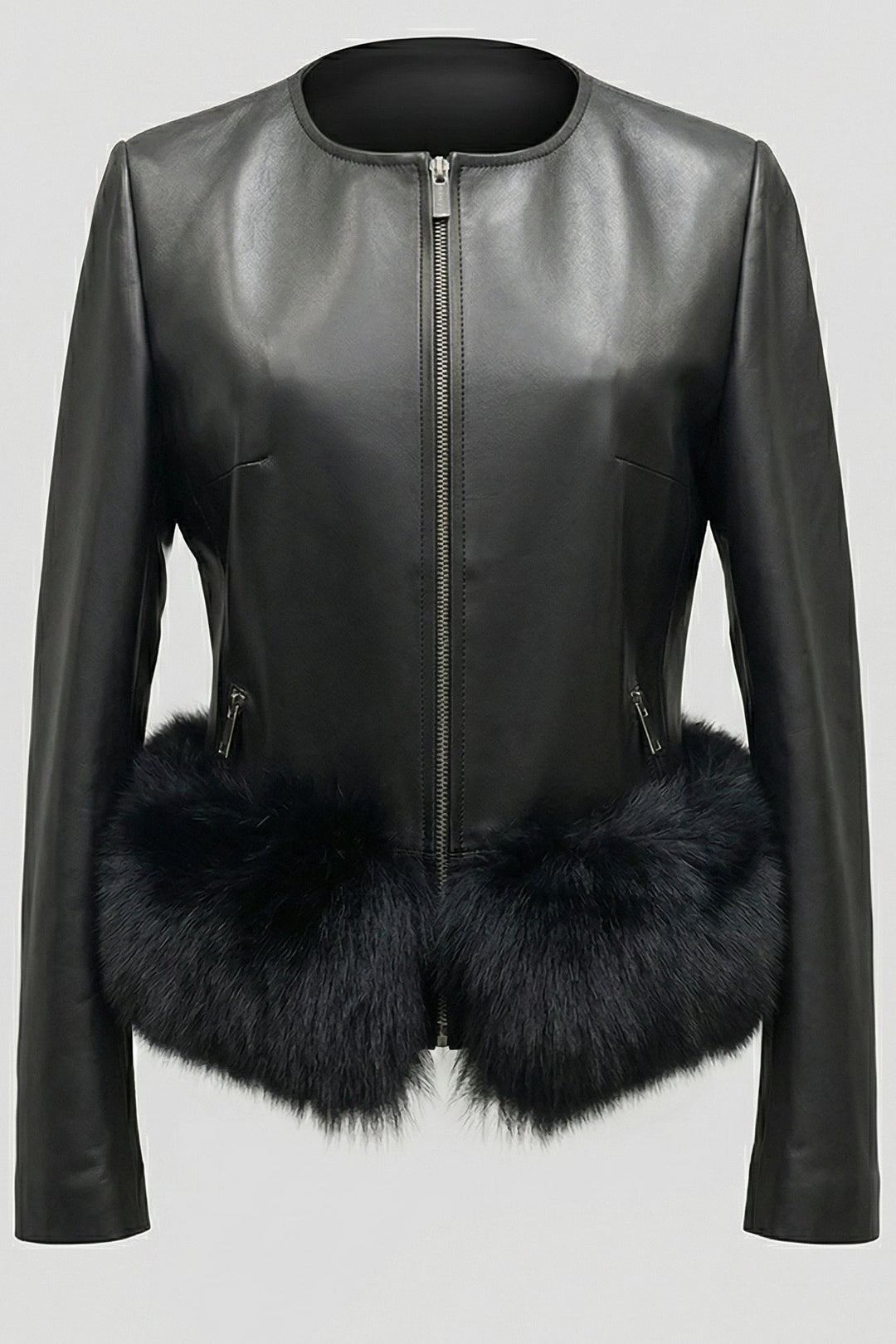HOLLAND - Black leather jacket with fur trim, zipper detail, round neckline