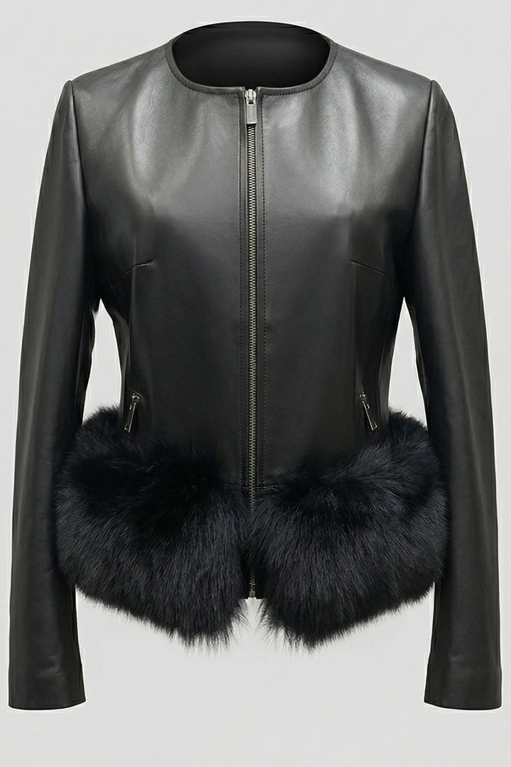 HOLLAND - Black leather jacket with fur trim, zipper detail, round neckline