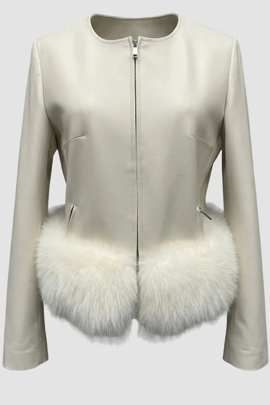 HOLLAND - White leather jacket with fluffy white fur trim, zippered pockets, crew neck