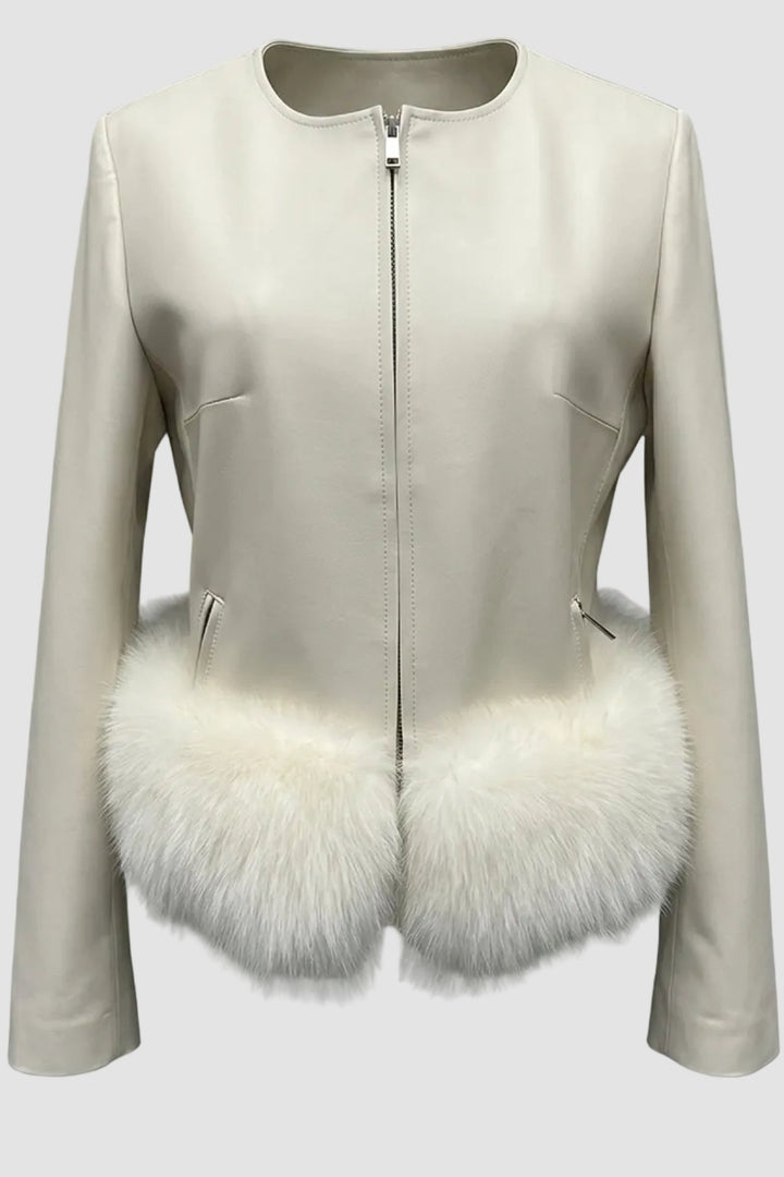 HOLLAND - White leather jacket with fluffy white fur trim, zippered pockets, crew neck