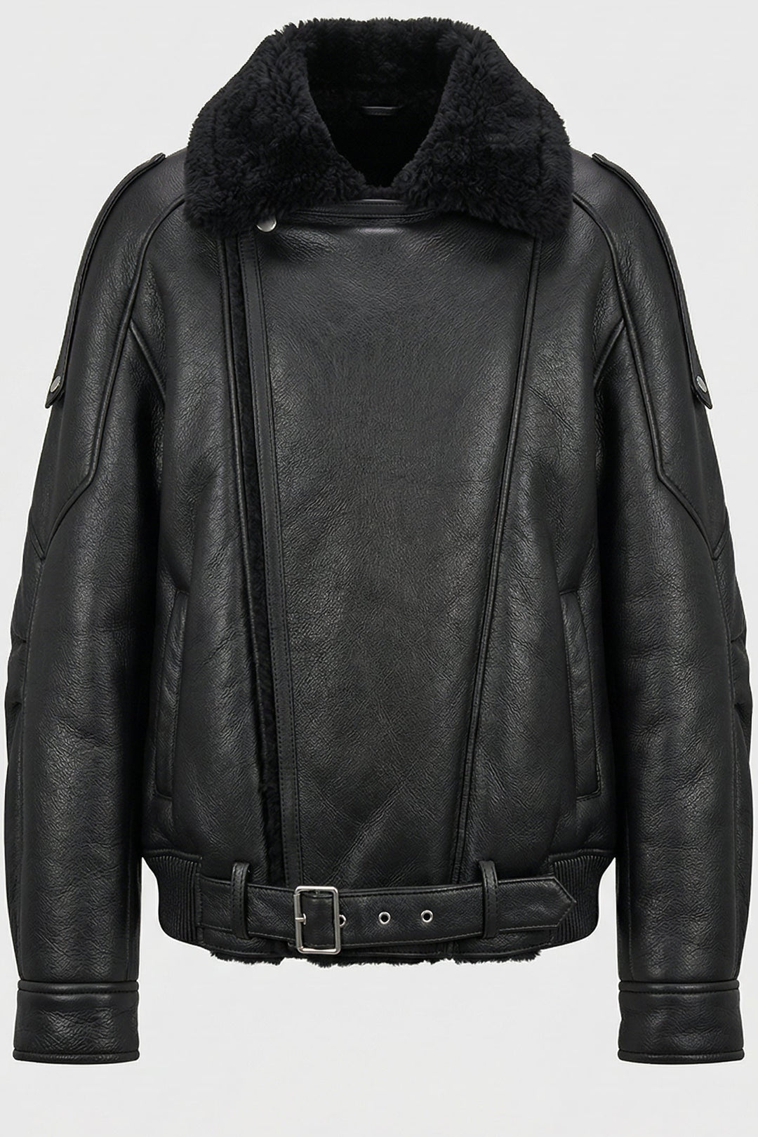 BRIANA - Black leather aviator jacket with shearling collar