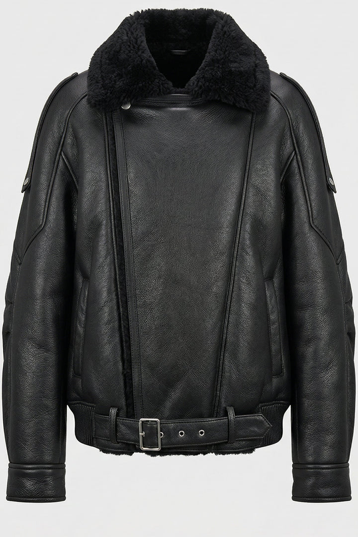 BRIANA - Black leather aviator jacket with shearling collar