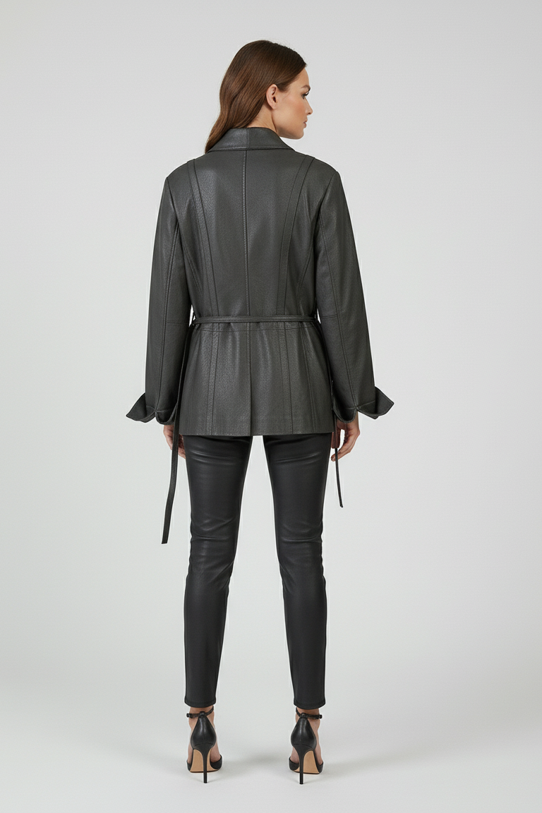 PARKER - Belted Leather Jacket - female model, back view, belted leather