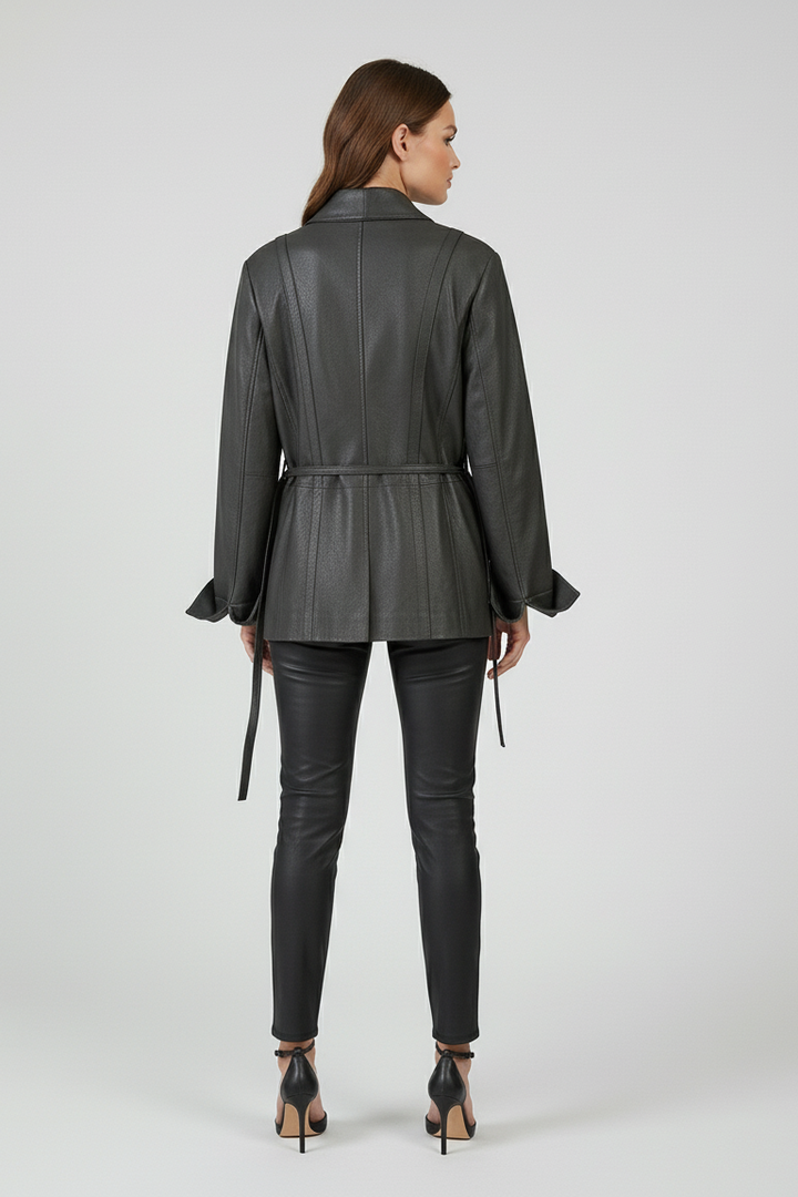 PARKER - Belted Leather Jacket - female model, back view, belted leather