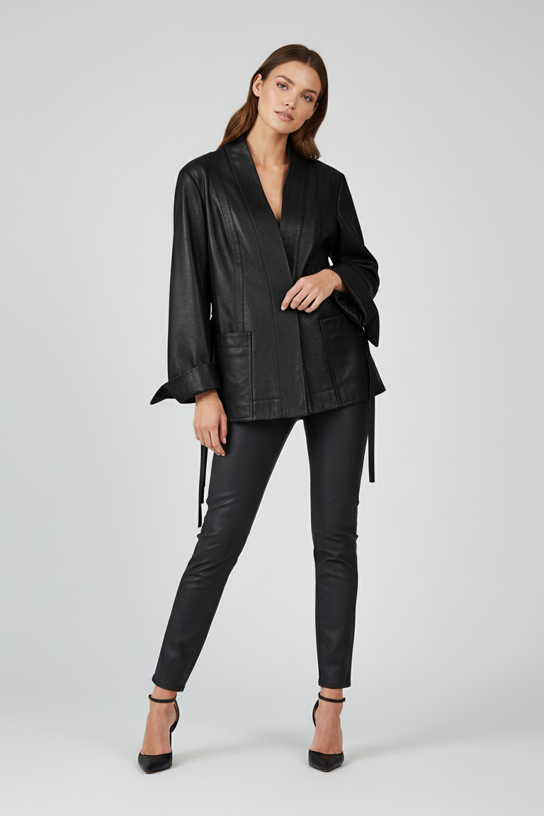 PARKER - Belted Leather Jacket - Black leather, studio quiet luxury