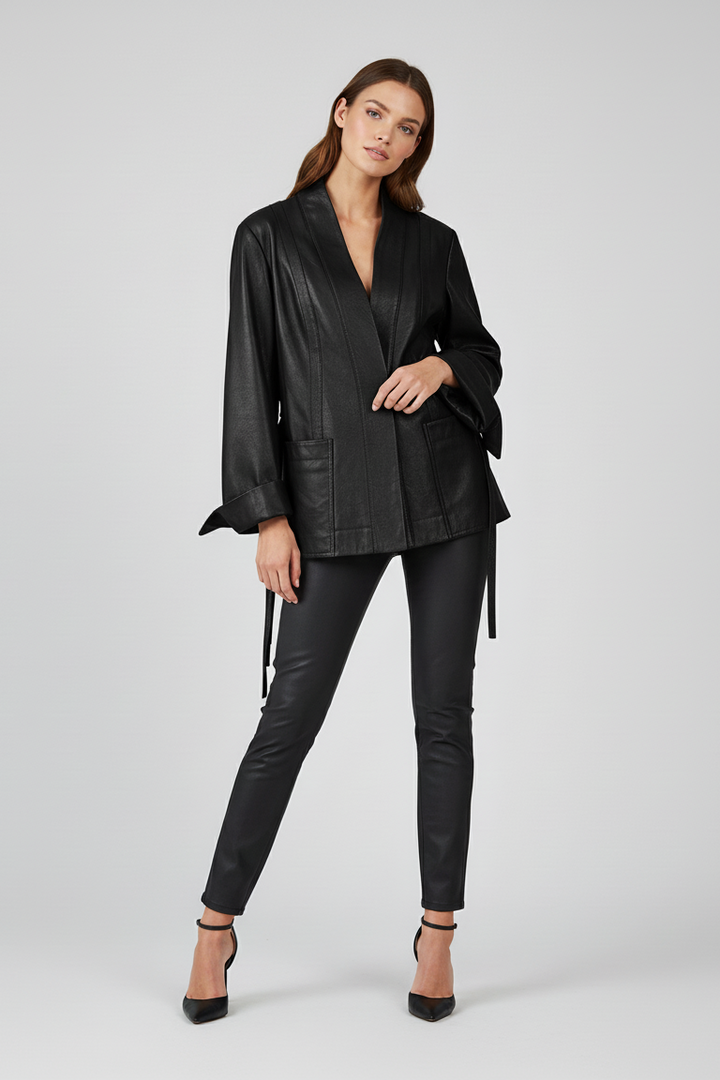 PARKER - Belted Leather Jacket - Black leather, studio quiet luxury