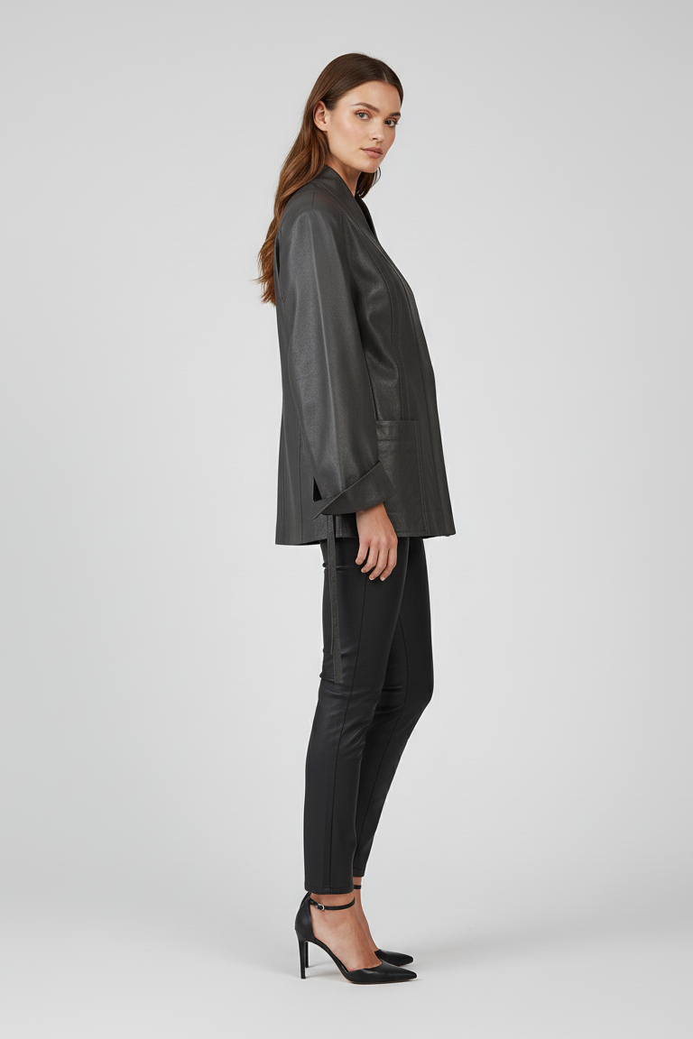 PARKER - Belted Leather Jacket - female model, side profile, belted leather